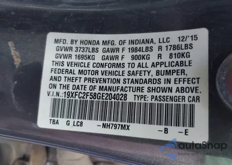 2016 Honda Civic Lx из США, поврежденный, VIN 19XFC2F58GE204028